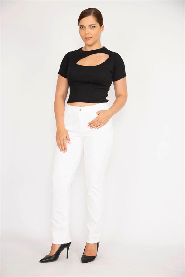 Kadın Büyük Beden Kemik Yüksek Bel Yan Kemer Lastikli Likralı 5 Cepli Kot Pantolon 65N37894