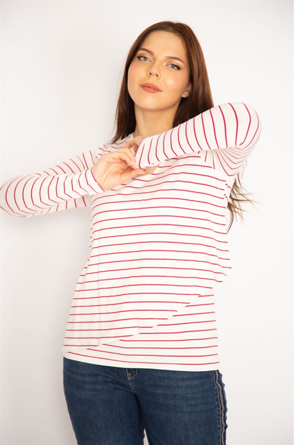 Kadın Kırmızı Önü Anvelop Çizgili Bluz 65N34917