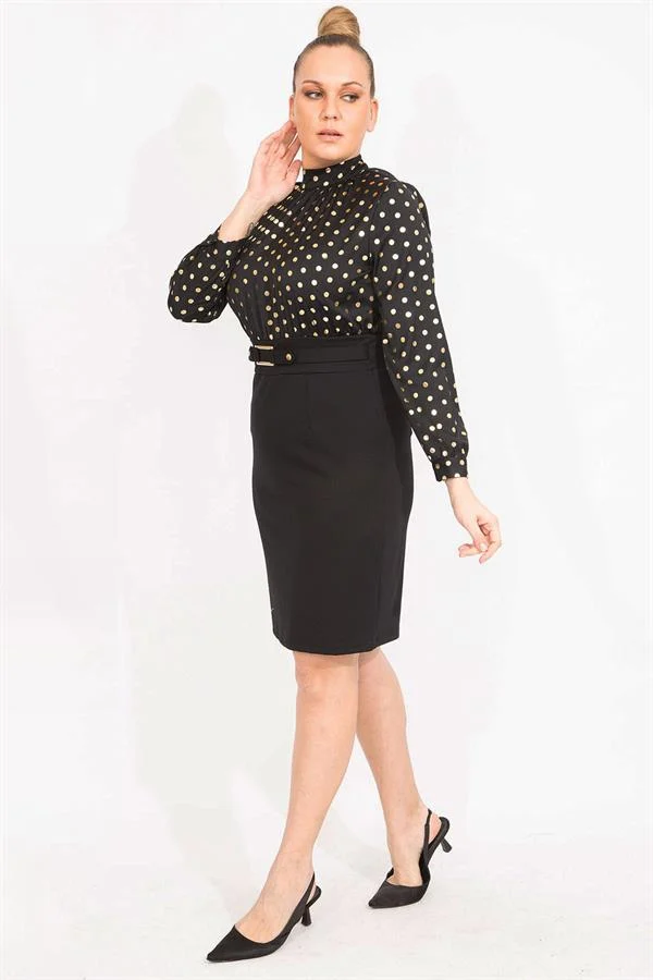 KADIN LACİVERT PUAN DESENLİ BELİ KEMERLİ ELBİSE