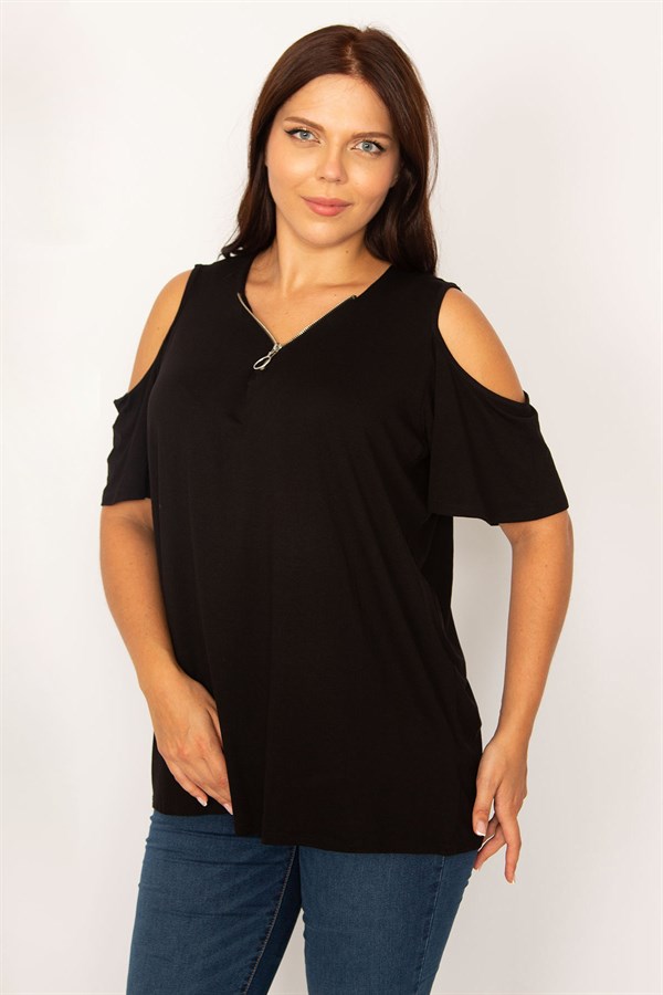 Kadın Siyah Omuz Dekolteli Ön Pat Fermuarlı Rahat Kesim Tunik 65N34206