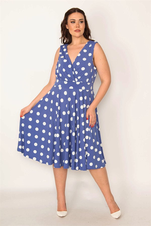 KADIN MAVİ ANVELOP YAKALI PUAN DESENLİ ELBİSE