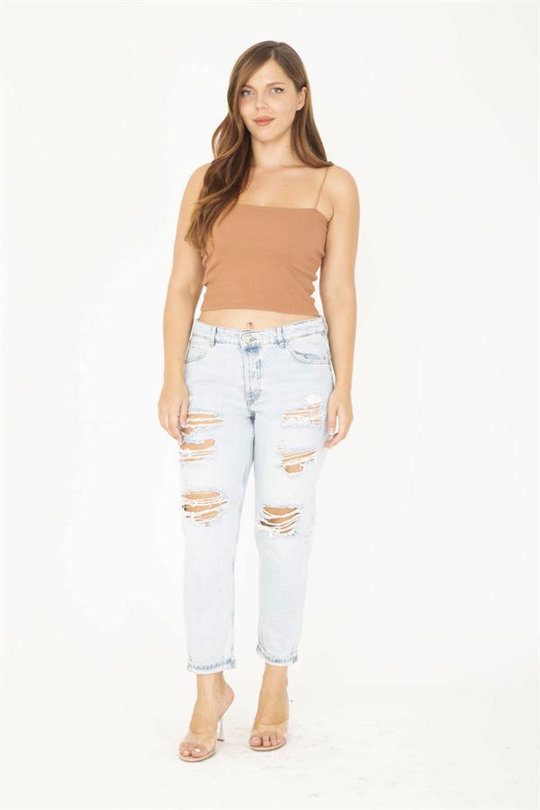 Kadın Büyük Beden Mavi Yırtık Detaylı 5 Cep Kot Pantolon 65N36812