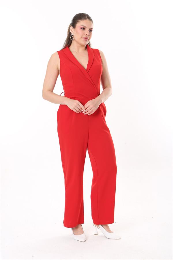 Kadın Büyük Beden Kırmızı Anvelop Yakalı Geniş Paçalı Tulum 65N37734