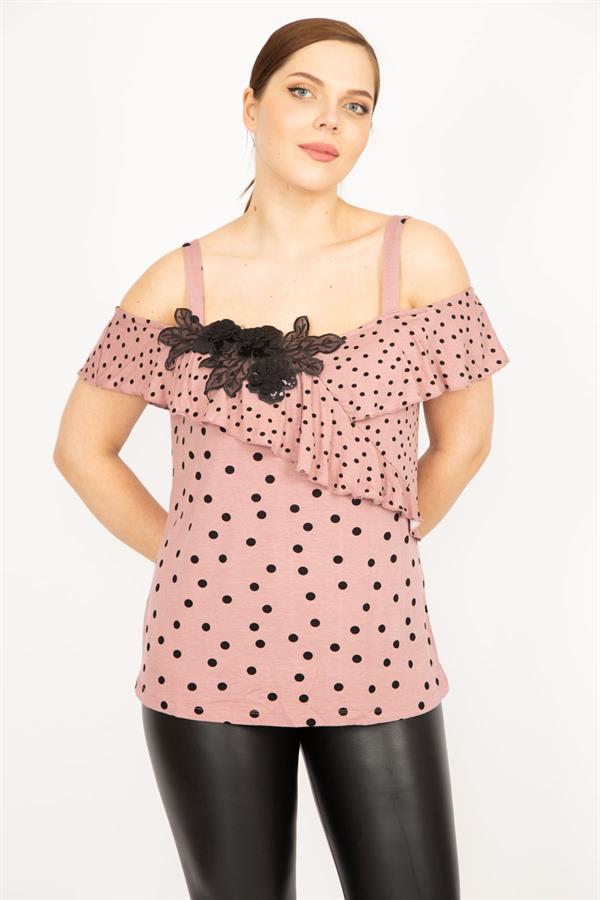 WOMEN'S POWDERY SEQUIN APPLIQUE AND FLOORN DETAILED POINT PATTERNED STRAP BLOUSE