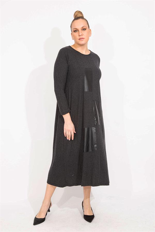 Kadın Antrasit Suni Deri Garnili Uzun Kollu Elbise 65N35528