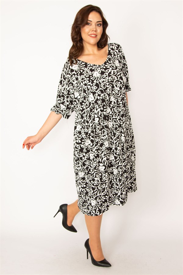 Kadın Siyah V Yaka Bel Ve Kol Ağzı Gipe Lastikli Cepli Rahat Kesim Elbise 65N33461