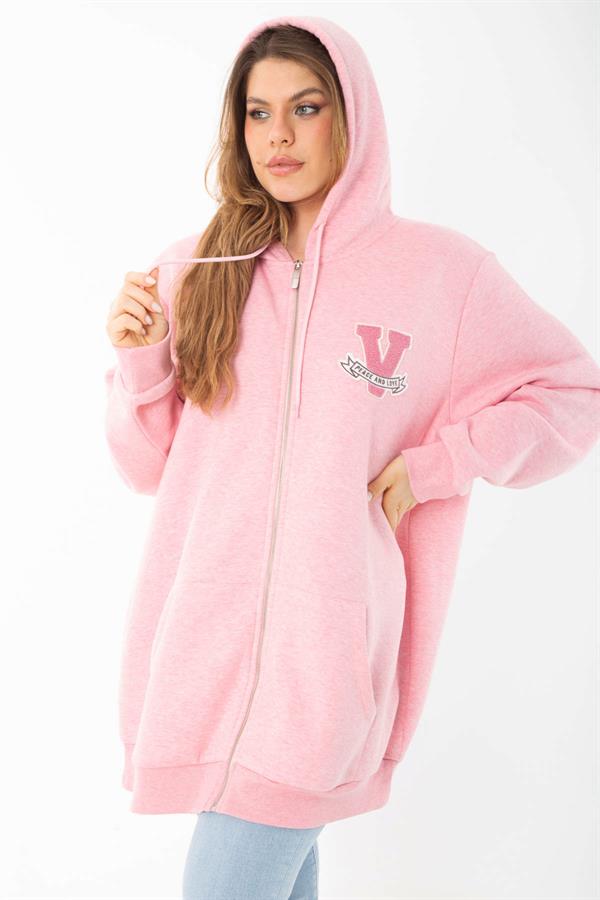 Kadın Büyük Beden Mavi İçi Şardonlu Ön Fermuar Ve Kapşonlu Sweatshirt 65N37405