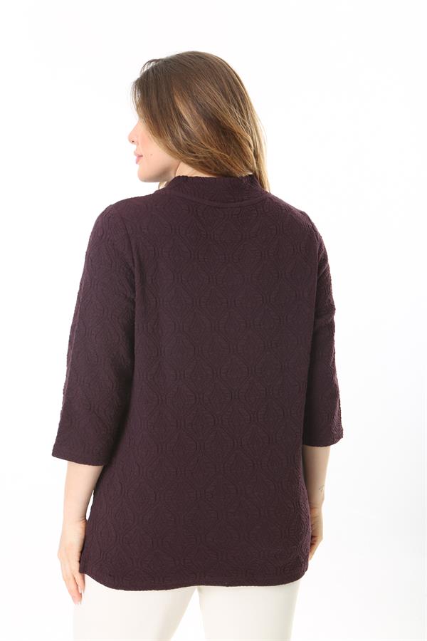 Kadın Büyük Beden Mürdüm Sıfır Yakalı Kendinden Desenli Kapri Kollu Tunik 65N37495