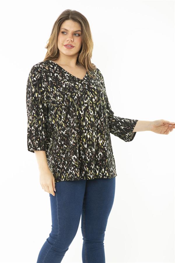 Kadın Büyük Beden Kahve Yaka Pileli Kapri Kollu Bluz 65N37147