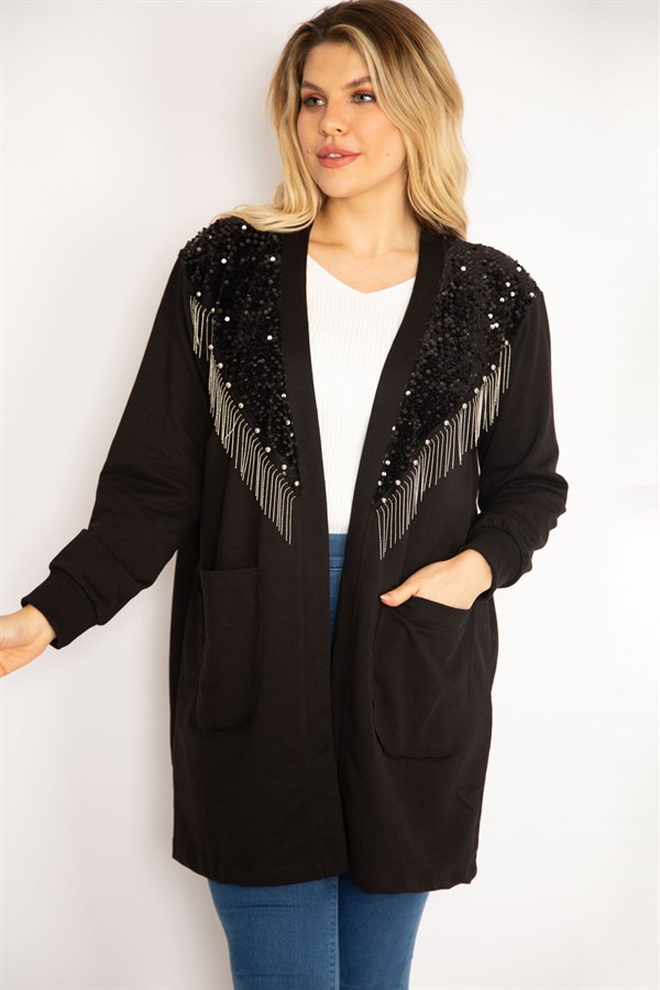 Kadın Siyah Payet Ve Zincir Aksesuarlı Astarsız Ceket 65N35139