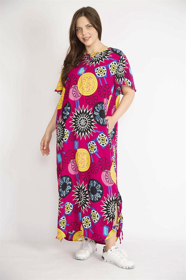 Kadın Fujya Büyük Beden Dokuma Viskon Kumaş Yaka Ve Yırtmacı Bağcık Detaylı Uzun Elbise