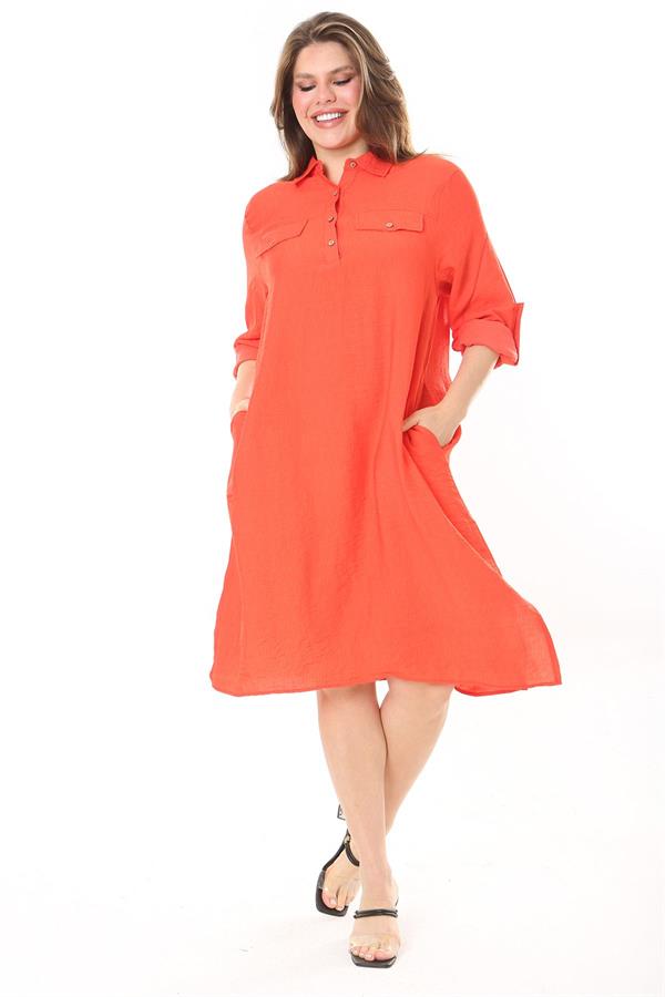 Kadın Büyük Beden Nar Ön Pat Düğmeli Süs Göğüs Cepli Kol Boyu Ayarlı Elbise 65N37871