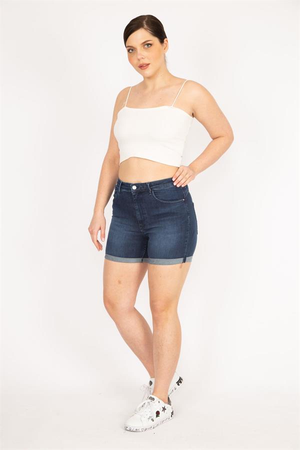 Kadın Lacivert Büyük Beden 5 Cepli Skinny Kot Şort
