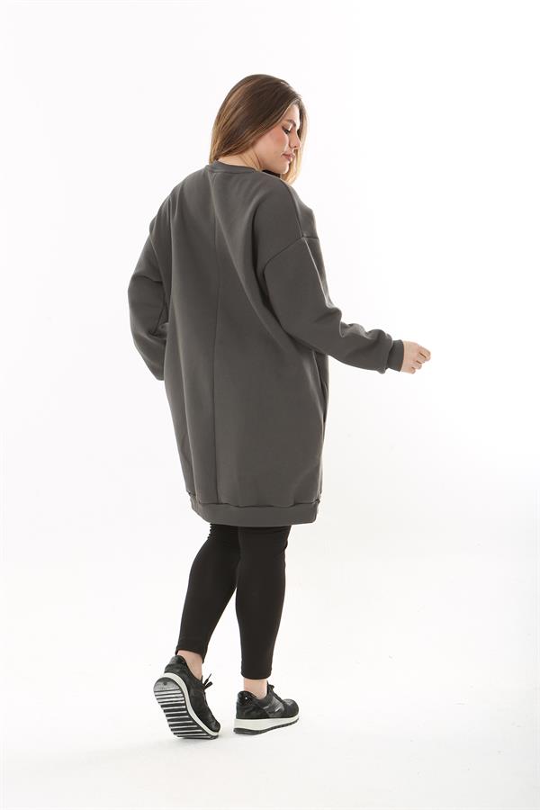 Kadın Büyük Beden Füme İçi Şardonlu 3 İplik Yan Cepli Uzun Sweatshirt 65N37494