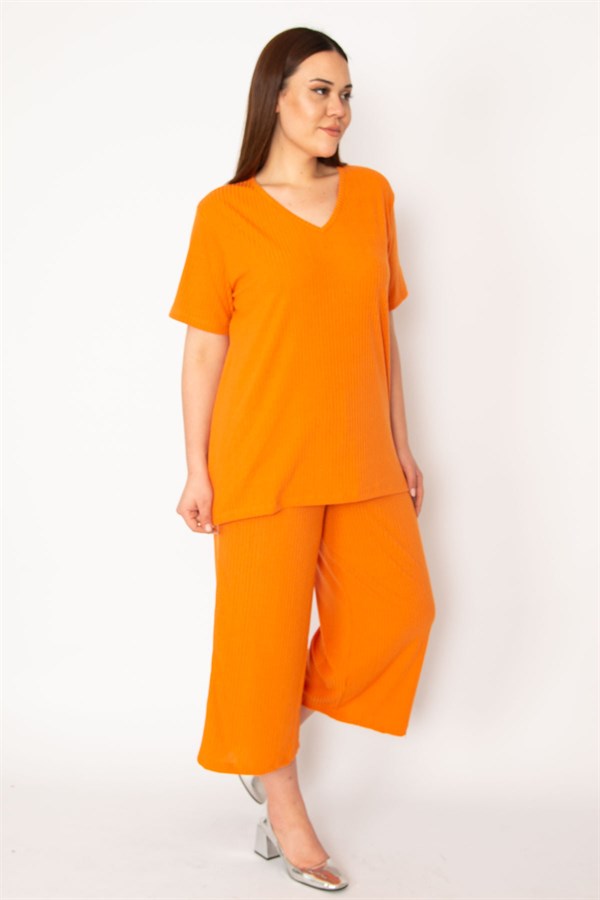 Kadın Fujya Kaşkorse Örme Beli Lastikli Geniş Paçalı Pantolon V Yakalı Bluz Takım 65N32939