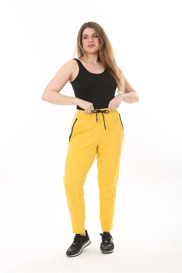 Kadın Büyük Beden Sarı Kuşgözü Bağcık Ve Lastikli Fermuarlı Cep Detaylı Spor Pantolon 65N37567