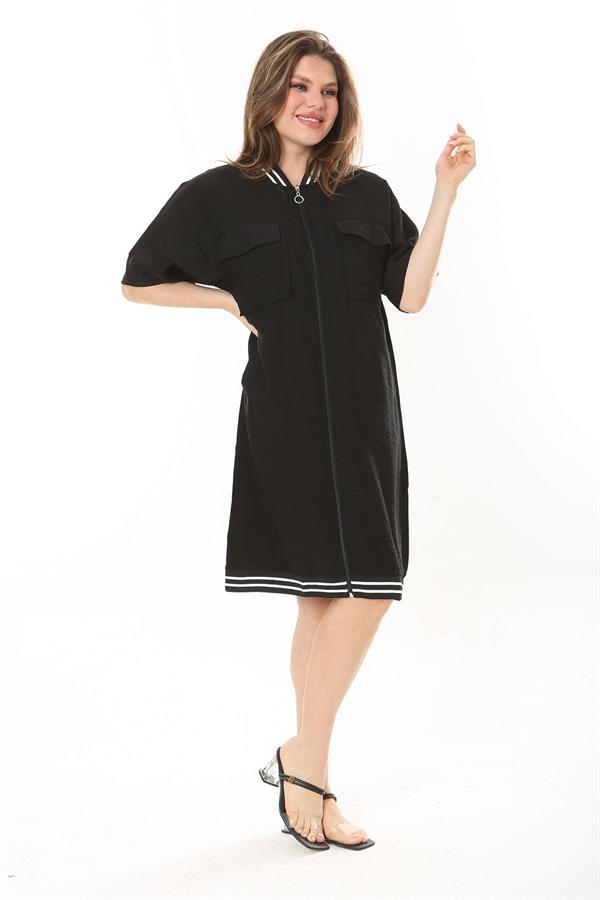 Kadın Büyük Beden Nar Ön Fermuarlı Ribana Detaylı Aerobin Kumaş Elbise 65N37880