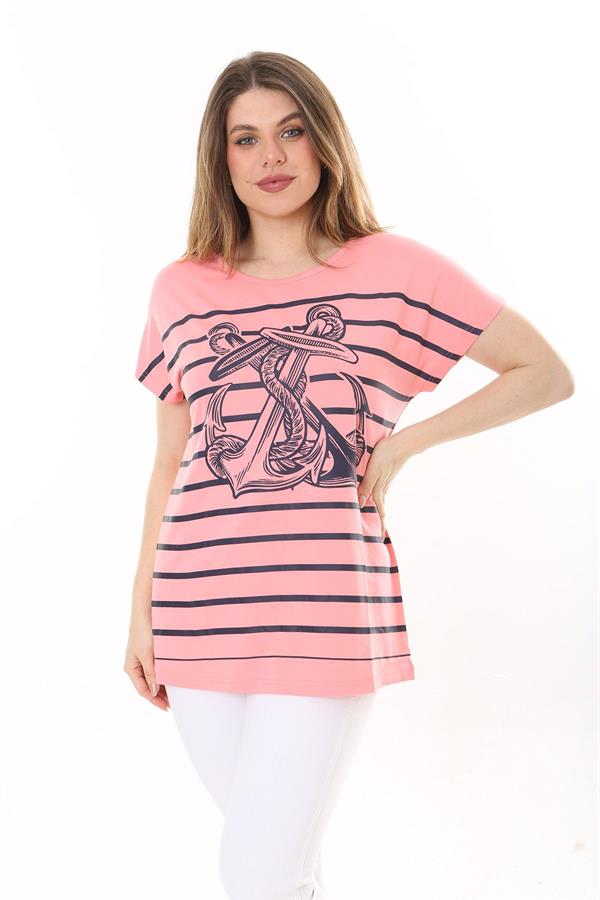 Kadın Büyük Beden Lacivert Bisiklet Yakalı Ön Desenli Kısa Kollu Bluz 65N37639