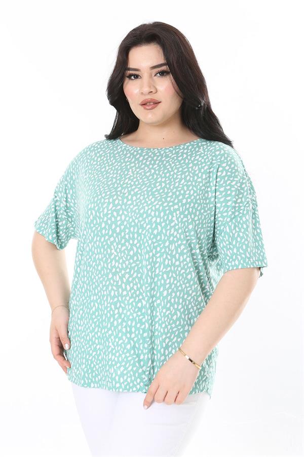 Kadın Büyük Beden Yeşil Bisiklet Yakalı Kısa Kollu Likralı Viskon Bluz 65N38000