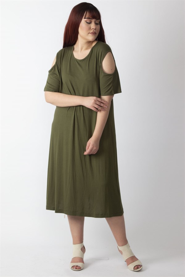 Kadın Haki Omuz Dekolteli Viskon Elbise 65N26131