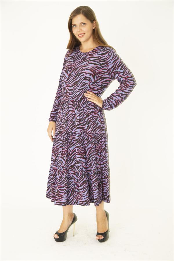 Kadın Büyük Beden Lila Öpücük Yaka Katlı Uzun Kollu Elbise 65N36913