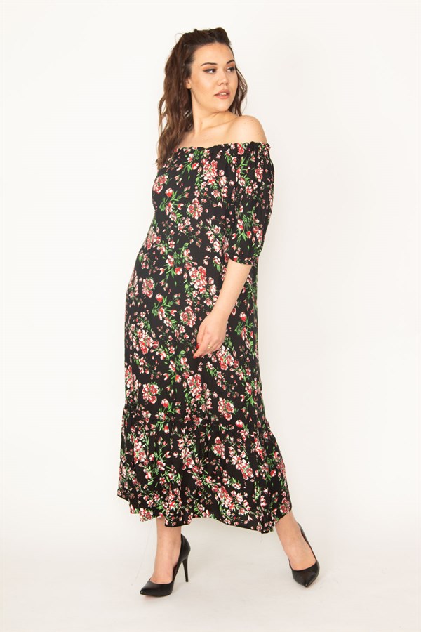 KADIN EFLATUN DOKUMA VİSKON KUMAŞ MADONNA YAKA KOL AĞZI VE YAKASI LASTİKLİ KATLI ELBİSE