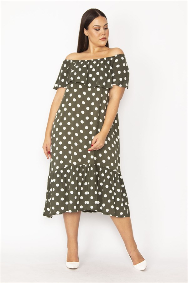 Kadın Haki Yakası Lastik Ve Volan Detaylı Dokuma Viskon Kumaş Elbise 65N28954