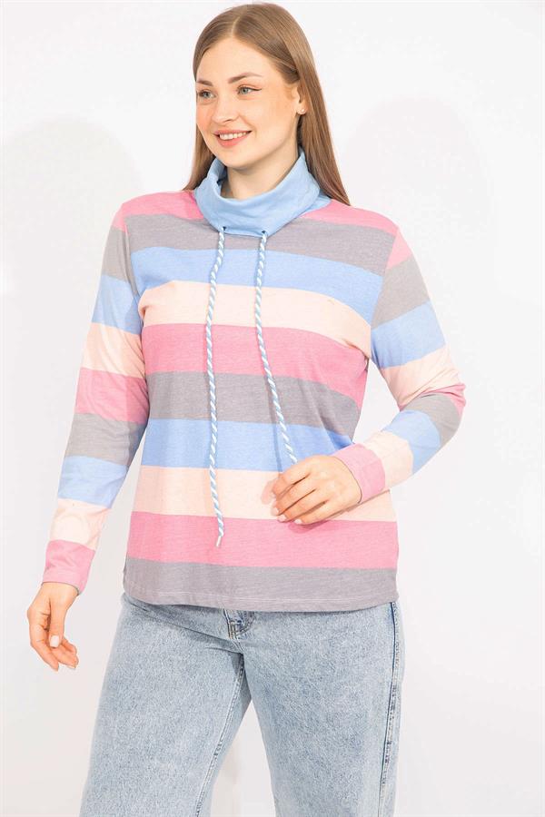 Kadın Renkli Büyük Beden Pamuklu Kumaş Yaka Detaylı Renkli Bluz 65N35558