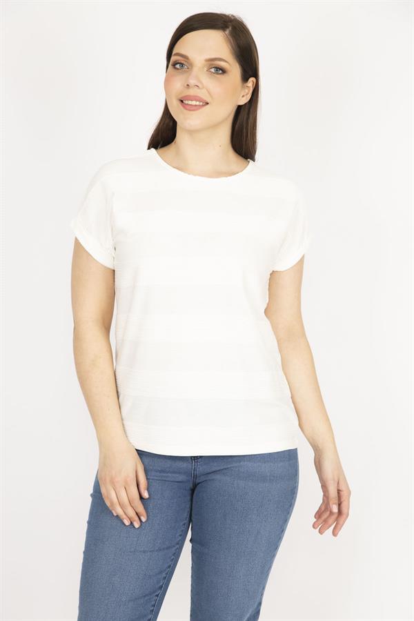 Kadın Kemik Büyük Beden Kendinden Desenli Duble Kol Bluz