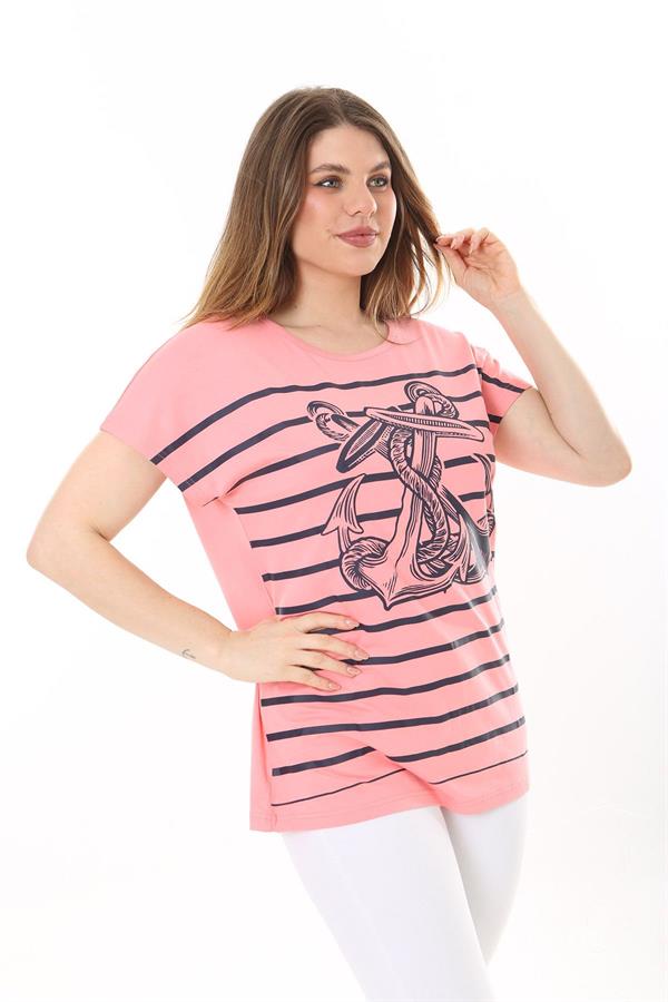 Kadın Büyük Beden Lacivert Bisiklet Yakalı Ön Desenli Kısa Kollu Bluz 65N37639