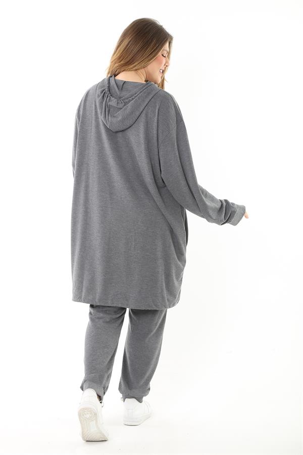 Kadın Büyük Beden Gri Baskı Ve Fermuar Detaylı Kapşonlu Sweatshirt Pantolon Takım 65N37128