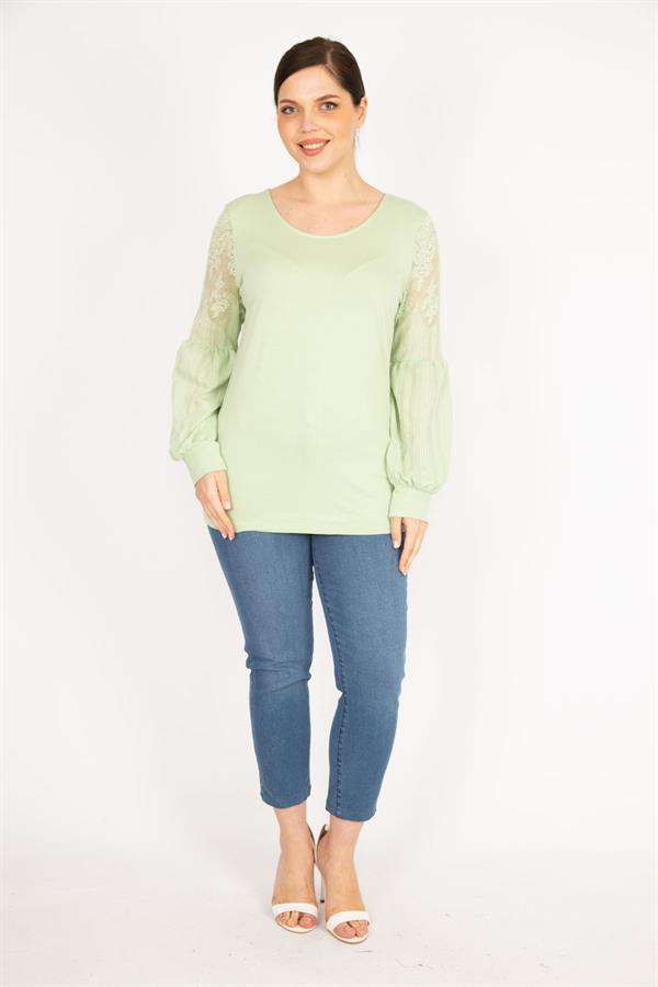 Kadın Nar Büyük Beden Kolları Tül Dantel Detaylı Tunik