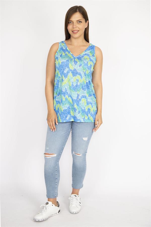 Kadın Renkli Büyük Beden V Yakalı Renkli Kolsuz Bluz