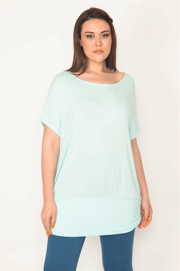 Kadın Camgöbeği Yeşil Bisiklet Yaka Etek Ucu Bantlı Düşük Kollu Tunik 65N32563