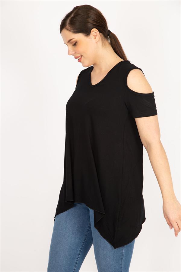 Kadın Saks Büyük Beden Omuz Dekolteli Asimetrik Kesim Viskon Bluz