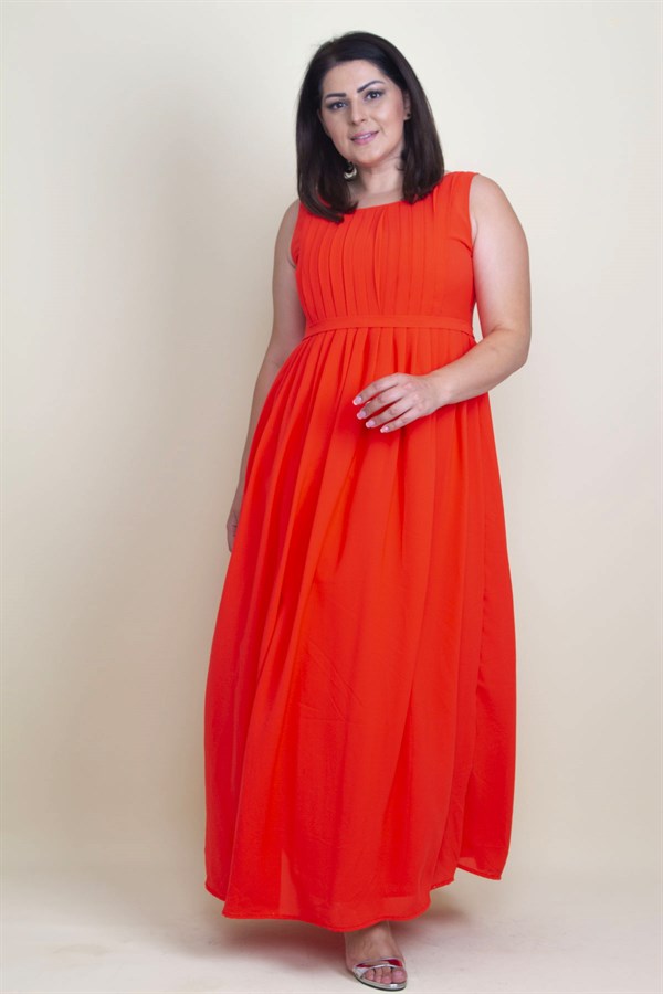 KADIN NAR PİLİSE DETAYLI ASTARLI UZUN KOLSUZ ELBİSE