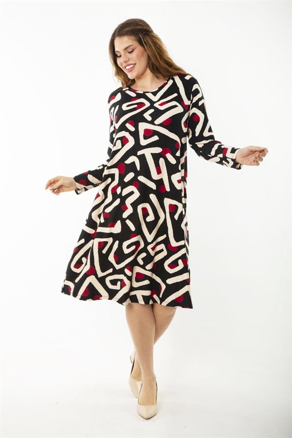 Kadın Büyük Beden Renkli Uzun Kollu Desenli Elbise 65N37192