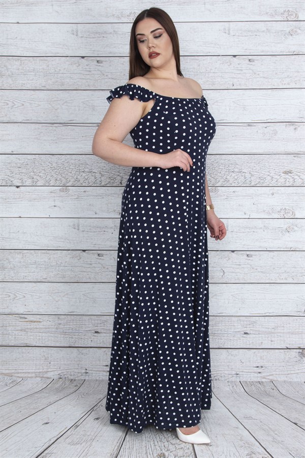 KADIN LACİVERT YAKA VE ASKILARI LASTİK DETAYLI PUAN DESENLİ YIRTMAÇLI UZUN ELBİSE