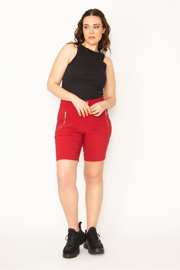 Kadın Bordo Likralı Bengalin Kumaş Fermuar Detaylı Şort 65N32696