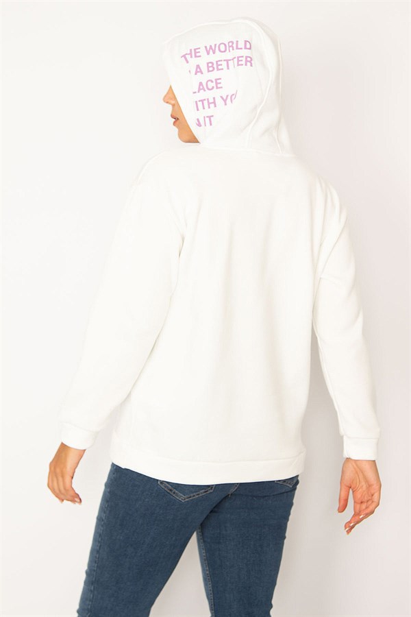 Women's White Hooded Kangaroo Pocket Fleece Sweatshirt with Raised Inside 65N34583