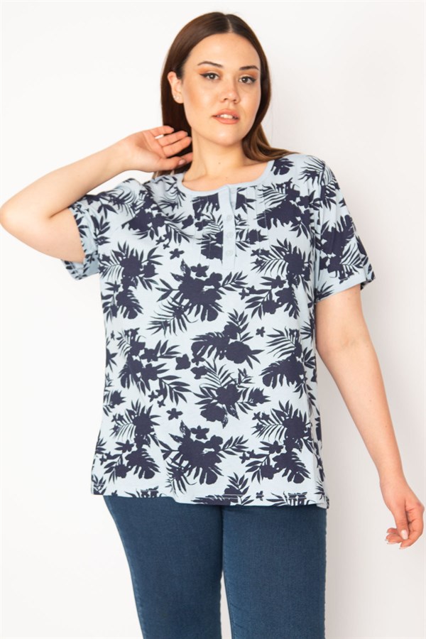 KADIN MAVİ PAMUKLU KUMAŞ NERVÜR DİKİŞLİ PATI DÜĞMELİ BLUZ