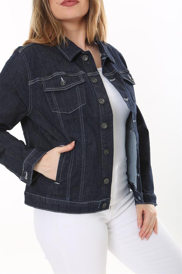 Kadın Büyük Beden Lacivert Ön Düğmeli Likralı Kot Mont 65N37576