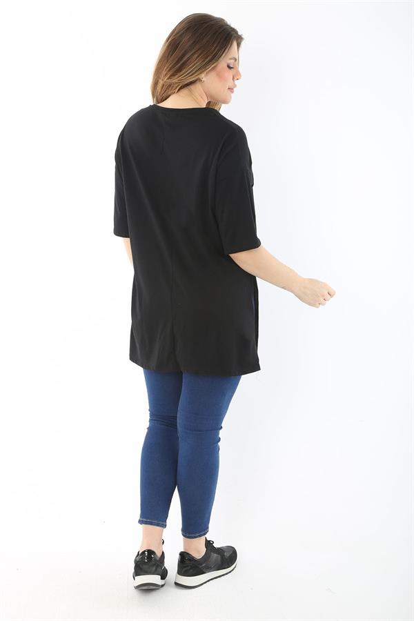 Kadın Büyük Beden Siyah Taş Ve Sim Detaylı Yan Yırtmaçlı Bluz 65N37466