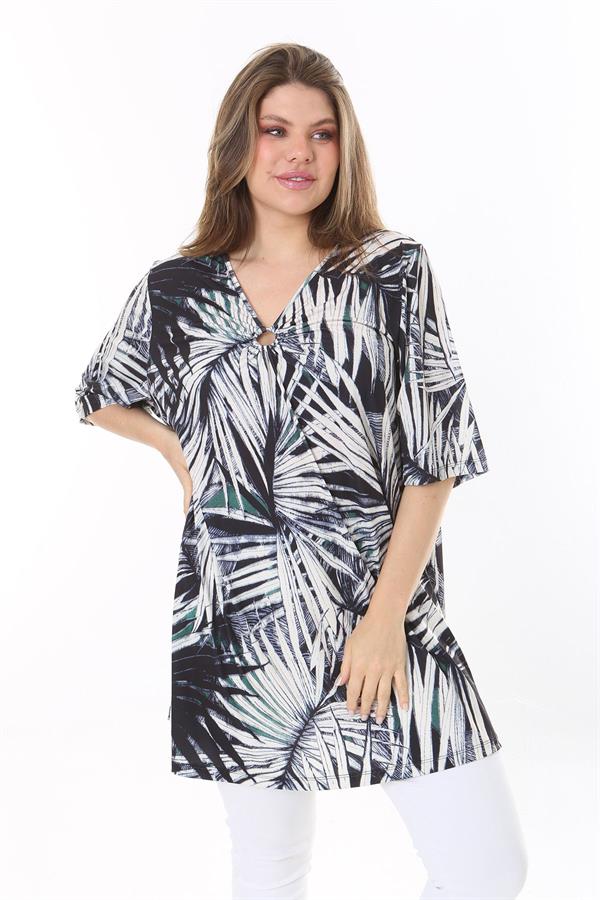 Kadın Büyük Beden Renkli Göğsü Toka Büzgülü V Yakalı Kısa Kollu Tunik 65N37796