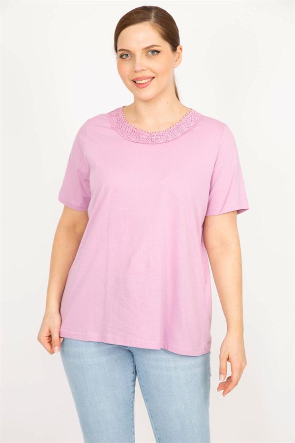 Kadın Lila Büyük Beden Pamuklu Kumaş Dantel Detaylı Bluz