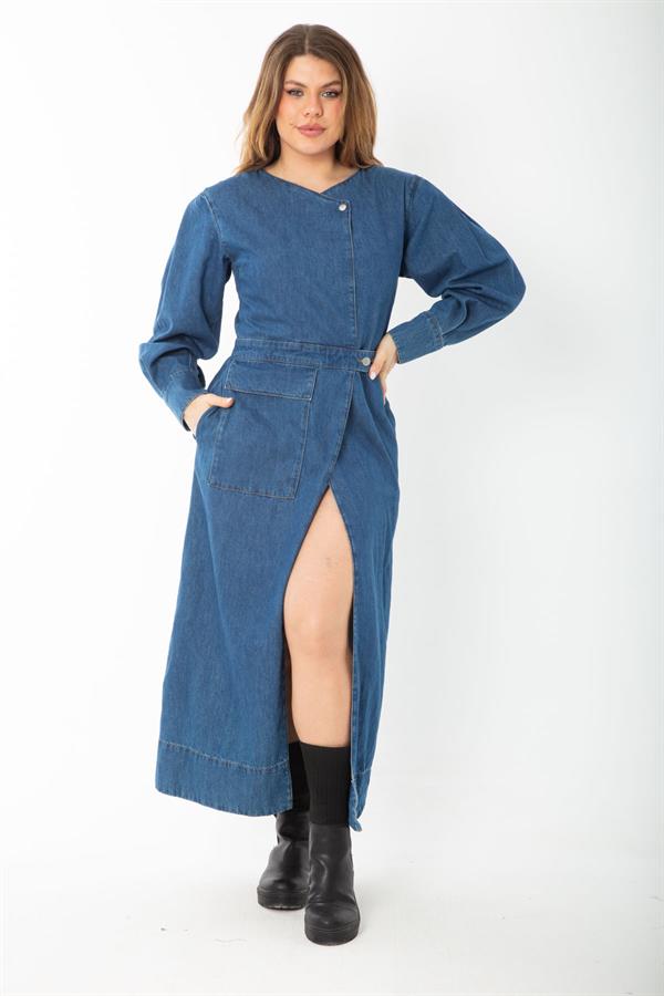 Kadın Lacivert Metal Düğmeli Anvelop Kot Elbise 65N37381