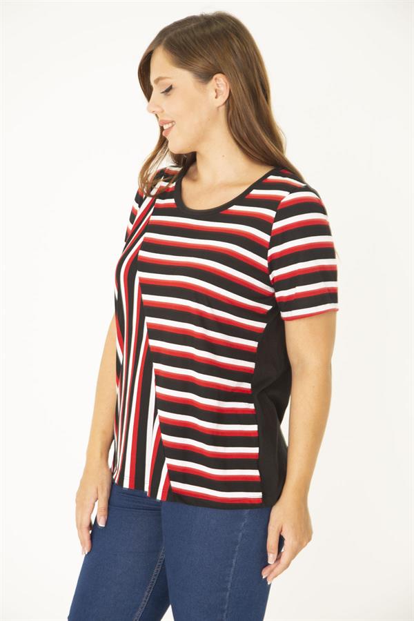 Kadın Büyük Beden Siyah Bisiklet Yakalı Çizgi Kombinli Bluz 65N36935