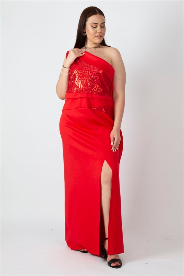 Kadın Kırmızı Tek Omuzlu Payet Detaylı Uzun Abiye Elbise 65N28080