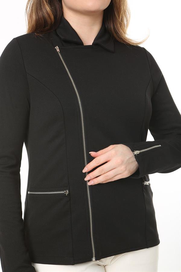 Kadın Büyük Beden Siyah Fermuar Detaylı Astarsız Ceket 65N37540