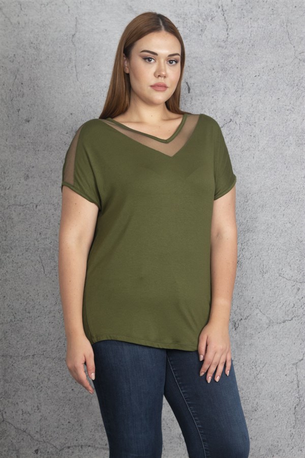 Kadın Haki Yaka Ve Kolları Tül Detaylı Viskon Bluz 65N24290